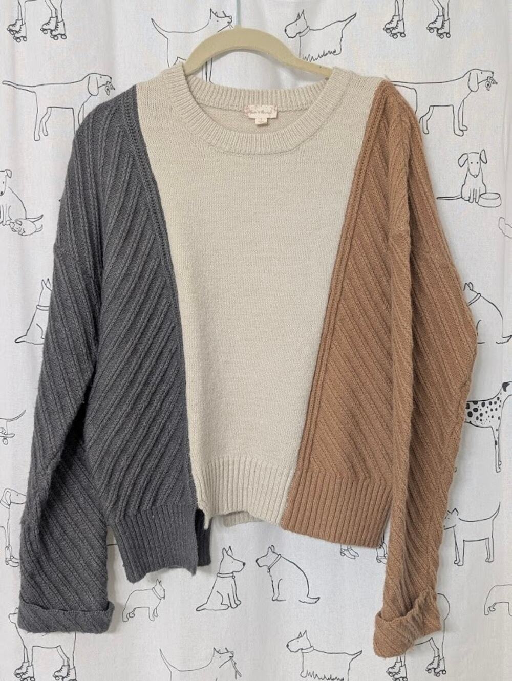 Hem & Thread Sweater Womens S Scandi Girl Boho Chunky Knit Colorblock Oatmeal